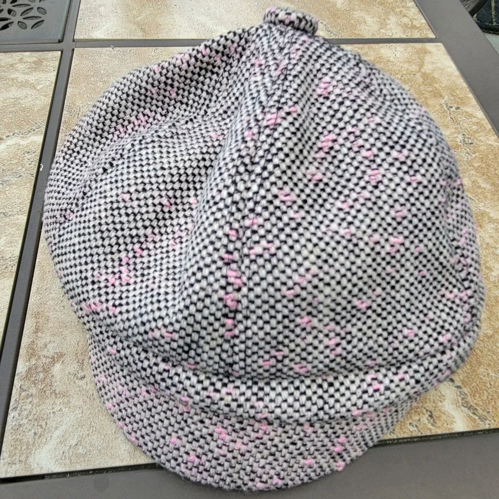 Women Newsboy Cap Wool Blend Black White Pink Tweed Baker Boy Hat 57cm